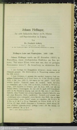 Johann Pfeffinger, der erste lutherische Pastor zu St. Nikolai und Superintendent in Leipzig