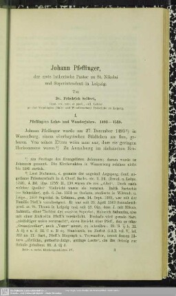 Johann Pfeffinger, der erste lutherische Pastor zu St. Nikolai und Superintendent in Leipzig