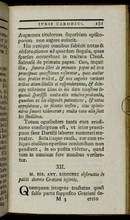 XII. M. Ios. Ant. Rieggeri observatio de paleis decreto Gratiani insertis.