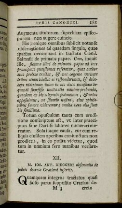 XII. M. Ios. Ant. Rieggeri observatio de paleis decreto Gratiani insertis.