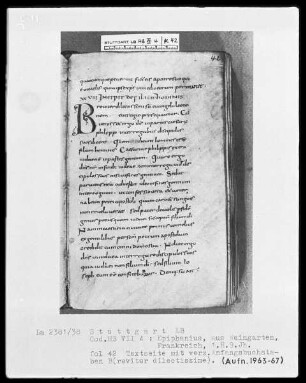 Epiphanius Latinus, Interpretatio evangeliorum — Initiale B(reviter dilectissime), Folio 42recto