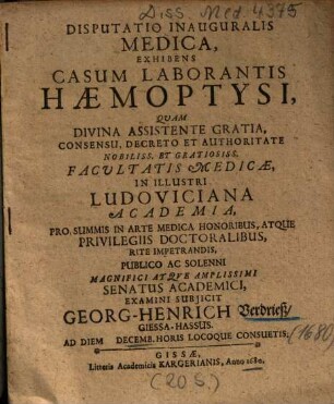 Disputatio Inauguralis Medica, Exhibens Casum Laborantis Haemoptysi