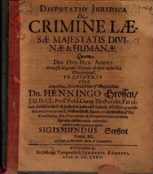 Disp. iur. de crimine laesae maiestatis divinae & humnae