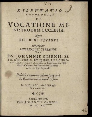 Dispvtatio Theologica De Vocatione Ministrorum Ecclesiae