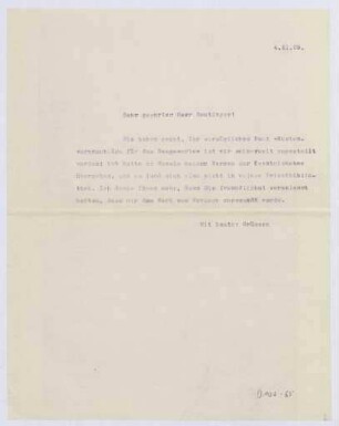Schreiben an Emil Beutinger (Brief)