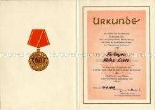 Urkunde zur "Medaille für treue Dienste in den bewaffneten Organen des MdI"