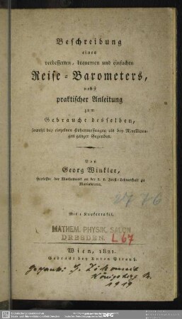 Beschreibung eines verbesserten, bequemen und einfachen Reise-Barometers, : nebst praktischer Anleitung zum Gebrauche desselben