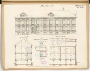 Kreiskrankenhaus, Insterburg Monatskonkurrenz November 1885: Aufriss Straßenansicht, Längsschnitt, Querschnitt, Details; Maßstabsleiste