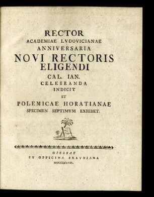 Spec. 7: Rector Academiae Ludovicianae Anniversaria Novi Rectoris Eligendi Cal. Ian. Celebranda Indicit Et Polemicae Horatianae Specimen Septimum Exhibet.