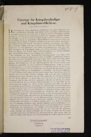 Fürsorge für Kriegsbeschädigte und Kriegshinterbliebene.