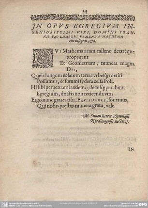 In opus egregium ingeniossimi viri, domini Iohannis Flulhaberi ulmensis mathematici insignis, etc.
