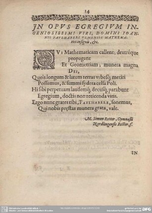 In opus egregium ingeniossimi viri, domini Iohannis Flulhaberi ulmensis mathematici insignis, etc.