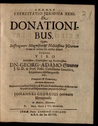 Exercitatio Iuridica XXXII. De Donationibus