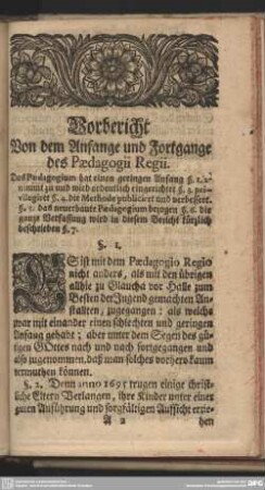 Vorbericht Von dem Anfange und Fortgange des Paedagogii Regii