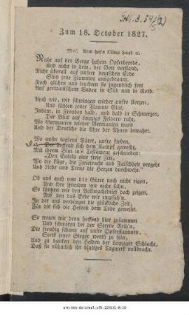 Zum 18. October 1827 : [Lied zur Feier der Völkerschlacht bei Leipzig]