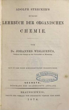 Regnault - Strecker's kurzes Lehrbuch der Chemie, 2. Kurzes Lehrbuch der organischen Chemie
