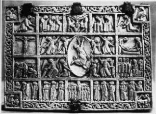 Berlin, Himmelfahrt Christi, fränkisch?, Elfenbein; Hauptmotiv auf Deckel eines Reliquienkasten; Kaiser-Friedrich-Museum Berlin; heutiger Verbleib ?