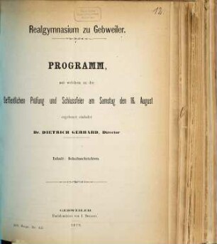 Programm : durch welches zu der öffentlichen Prüfung und Schlussfeier ... ergebenst einladet, 1878/79