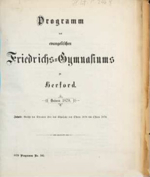 Programm des Evangelischen Friedrichs-Gymnasiums zu Herford : Ostern ..., 1878/79