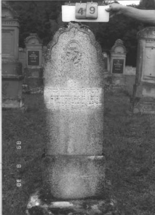 Grabstein 49 (Index: 99609685) Material: Kunststein Zustand: verwittert, gerissen Beschreibung: Stele, Bögchenabschluß, getreppter Sockel Symbolik: floral: Grabstein 49