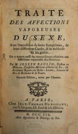 Traité des Affections vaporeuses du Sexe