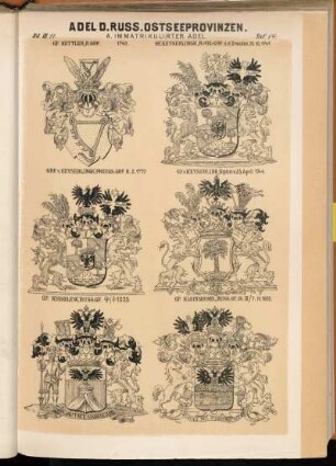 Taf. 14. Gf. Kettler, R. Grf. 1743. - Gekeyserlingk, R.-Vic.-Grf. d. d. Dresden 30.10.1741. - Grf. v. Keyserlingk, Preuss. Grf. 8.2.1777. - Gf. v. Keyserling, Diplom v. 25. April 1744. - Gf. Kisselew, Russ. Gf. 25/3 ; 6/4 1839. - Gf. Kleinmichel, Russ. Gf. 26.III / 7. IV.1839