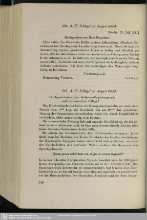 August Wilhelm von Schlegel an August Böckh, Berlin, 12.08.1841