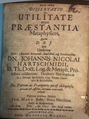 Diss. de utilitate ac praestantia metaphysices