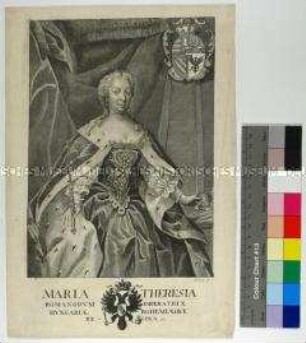 Porträt der Maria Theresia römisch deutsche Kaiserin, Erzherzogin von Österreich sowie Königin von Ungarn und Böhmen im hermelinbesetzten Umhang mit Zepter und Krone