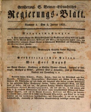Großherzogl. S. Weimar-Eisenach'sches Regierungs-Blatt auf das Jahr .... 1821