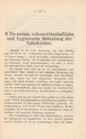 B. Die sociale, volkswirthschaftliche und hygienische Bedeutung der Volksküchen
