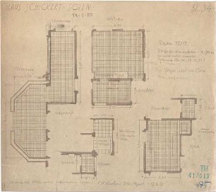 Fischer, Theodor; München - Solln; Haus Schickert - Verlegung der Wandplatten in EG, OG, Terrasse, Veranda, Garderobe, Küche u. Windfang (Grundrisse)