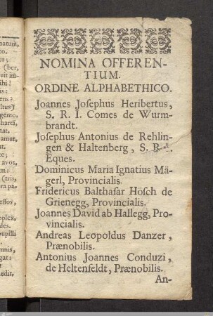 Nomina Offerentium. Ordine Alphabethico.