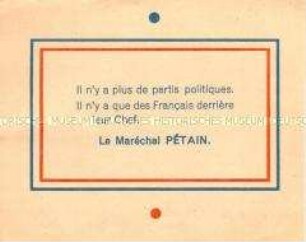Handzettel aus Vichy-Frankreich mit einem Ausspruch von Petain
