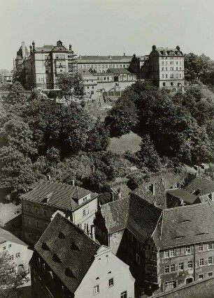 Pirna, Schloss Sonnenstein : Pirna. Schloss Sonnenstein. Blick vom Turm der Marienkirche nach Südosten