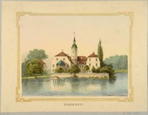 Das Schloss in Machern östlich von Leipzig, dreiflügeliger Barockbau, aus dem Album der Rittergüter und Schlösser im Königreiche Sachsen