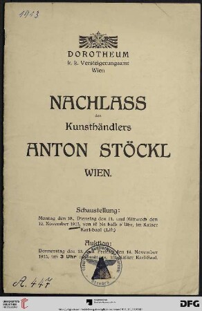 Nr. 239: Kunstauktion / Dorotheum: Nachlass des Kunsthändlers Anton Stöckl, Wien : Auktion: 13. und 14. November 1913