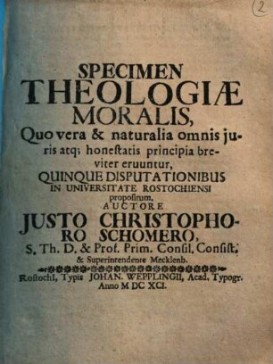Specimen theologiae moralis ...