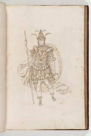 Krieger in prunkvollem Harnisch mit Schild und Stab, in: Equestrium statuarum [...] formae [...] artificiosissime pictis, Bl. 51
