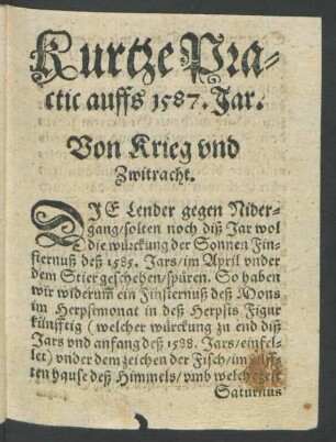 Kurtze Practic auffs 1587 Jar.