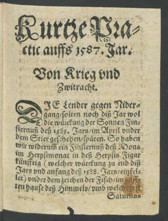 Kurtze Practic auffs 1587 Jar.