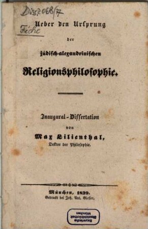 Ueber den Ursprung der jüdisch-alexandrinischen Religionsphilosophie : Inaugural-Dissertation