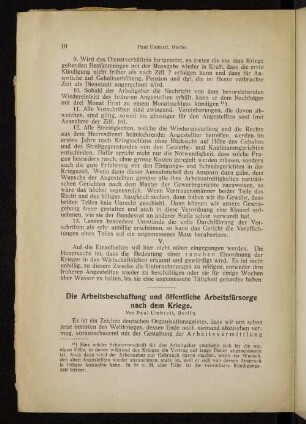 Die Arbeitsbeschaffung und öffentliche Arbeitsfürsorge nach dem Kriege.