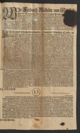 Wir Friderich Wilhelm/ von Gottes Gnaden/ Marggraff zu Brandenburg ...