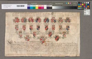 16er-Wappenahnentafel der Maria Katharina Gräfin zu Sulz. Bestätigt durch Maximilian Heinrich Erzbischof zu Köln. Franz Graf zu Lothringen, Franz Egon Graf zu Fürstenberg, Ernst Salentin Graf zu Salm-Reifferscheid. Mit den 4 Unterschriften. Kein Siegel (von 4) erhalten.