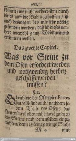 Das zweyte Capitel. Was vor Steine zu dem Ofen erfordert werden und nothwendig herbey geschafft werden müssen?