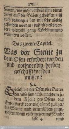 Das zweyte Capitel. Was vor Steine zu dem Ofen erfordert werden und nothwendig herbey geschafft werden müssen?