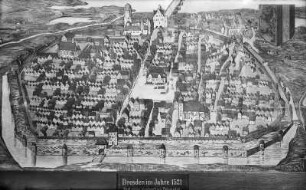 Stadtbild von Dresden : Dresden. Stadtbild nach dem Holzmodell aus dem Jahre 1521, Holzschnitt. Verwalter, Stadtmuseum Dresden