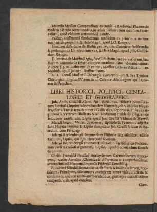 Libri Historici, Politici, Genealogici Et Geographici.