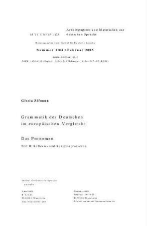 Grammatik des Deutschen im europäischen Vergleich : Das Pronomen. Teil II : Reflexiv- und Reziprokpronome
